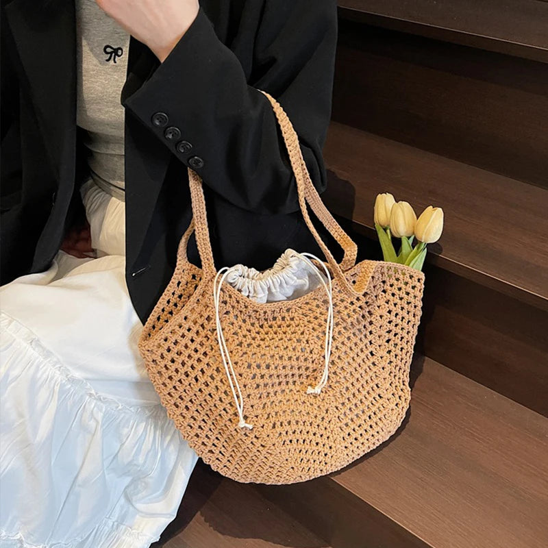 Chic Simple Lady Large Capacity Shoulder Bags Shopping Beach Bag for Women Casual Straw Woven Tote Bag Female Handbag Purses