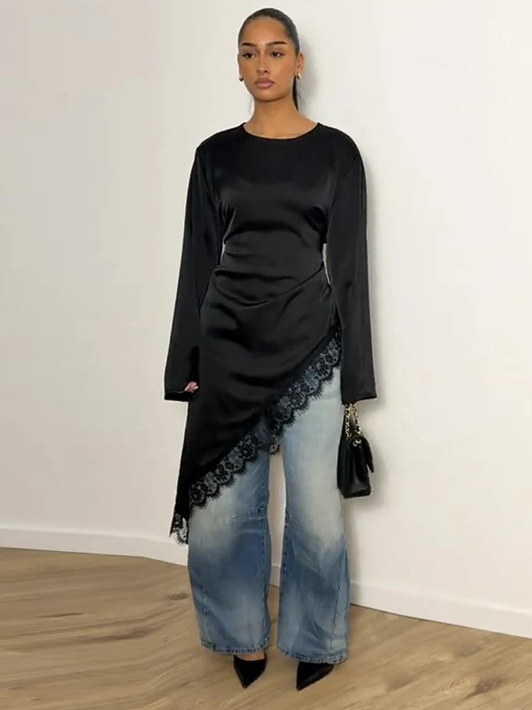 Tie Up Lace Women's Top Sexy O-neck Patchwork Irregular Full Sleeves Blouse Female 2026 Spring Fashion All Match Woman Shirts