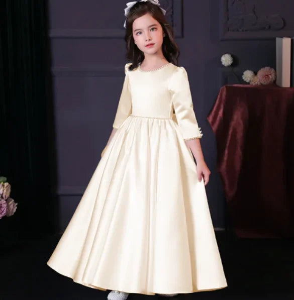 Lovely White Satin Flower Girl Dress for Wedding Dresses Little Princess Bow Kids Birthday Party Evening Customise Gowns