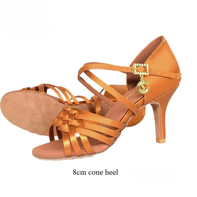 SW Latin Dance Premium Elegant Professional Women's Medium High Heel Soft Sole Ballroom Competition Dance Shoes for Practice