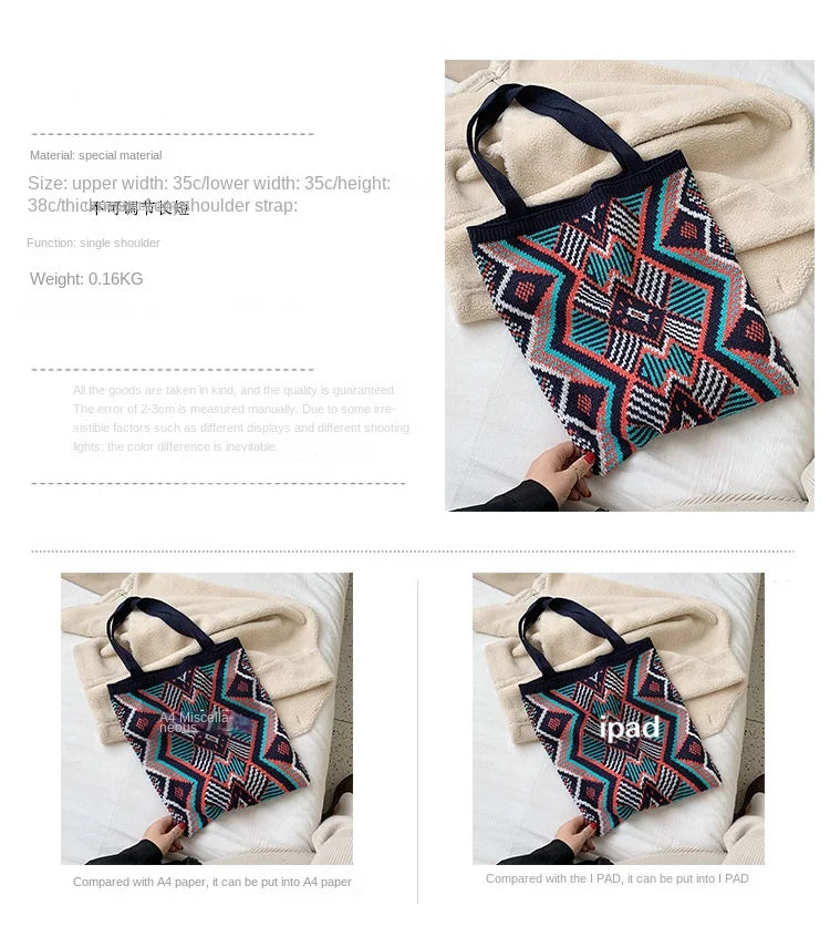 Lady Knitting Gypsy Bohemian Boho Chic Aztec Tote Bag Women Crochet Woolen Open Shopper Top-handle Bag 2022 Female Daily Handbag