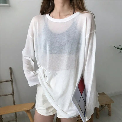 Sheer T-shirts Women Loose Korean Style Summer Sun-proof Casual Simple All-match Thin Lazy Fashion Ulzzang Temperament Classic