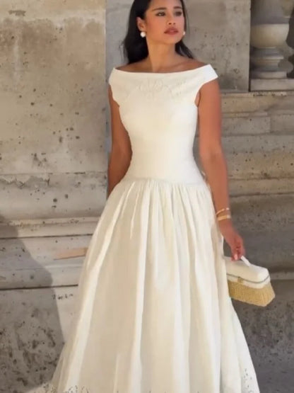 Minimalist White Boat Neck Midi Dress Women Elegant Cap Sleeve A-line Flare Eyelet Embroidery Vestido Wedding  Formal Party Gown