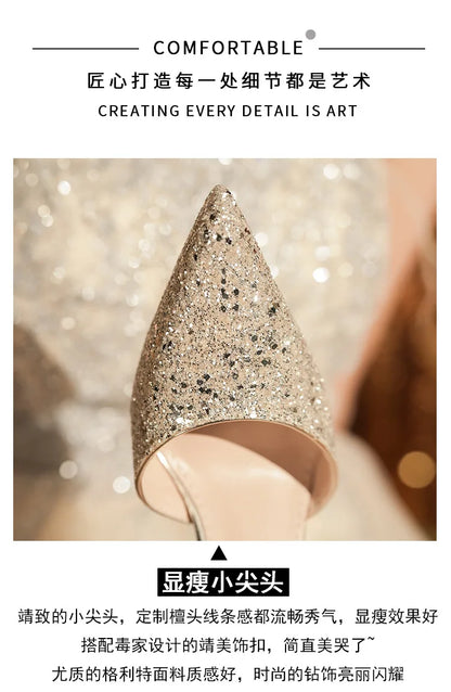 Shiny Glitter Bow Pearl Chain High Heels Wedding Banquet Dress Wedding Shoes Women's Shoes