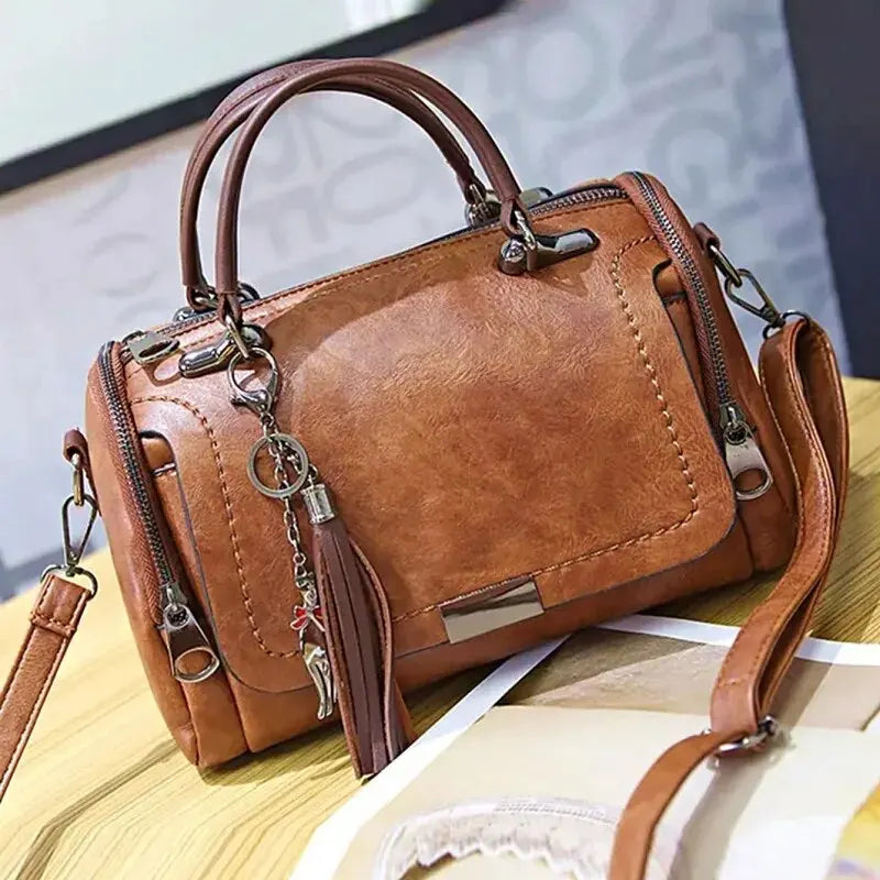 Tassel Decor Women's Large Capacity Shoulder Bag Fashion Zipper Crossbody Bag With Removable Strap Boston Handbag