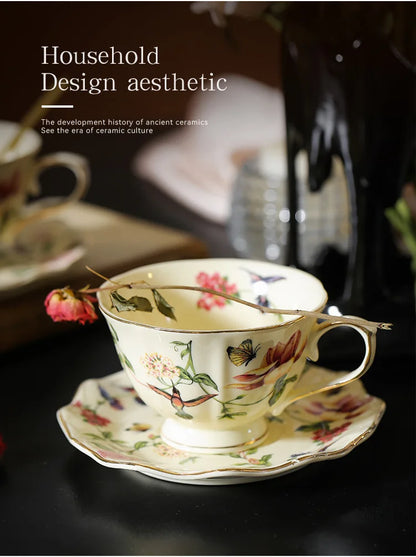 Flower and Bird Patterns Ceramic Cup&saucer Dining Table Coffee Mug Milk Cups Afternoon Tea Teacup Fruit Juice Container