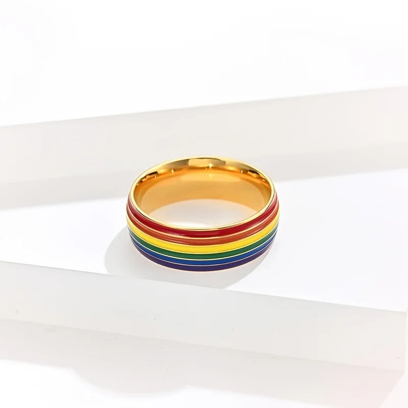 Rainbow Flag Homosexual Titanium Steel Ring 18K Golden Plated Lesbian Ring