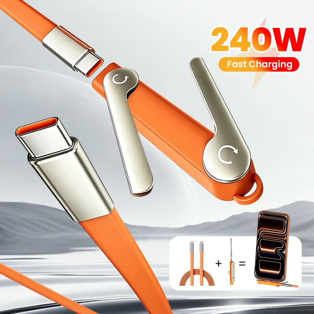2-IN-1 Type-C Cable Foldable Mobile Phone Holder 240W Fast Charging Data Cable USB C TO USB C Phone Charge Bracket Dual PD cable