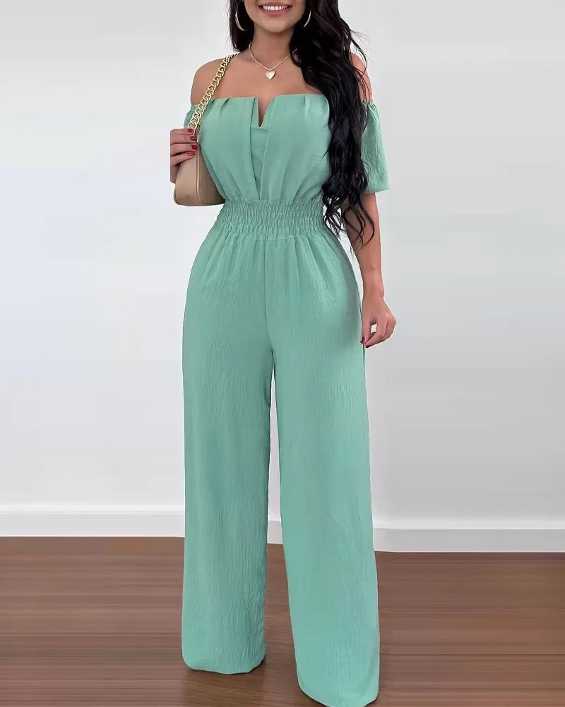 Summer New Women Sexy One Line Shoulder Solid Color Short Sleeve Jumpsuit Slim Elastic Waist Loose Straight Female Long Jumpsuit