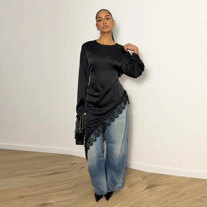 Tie Up Lace Women's Top Sexy O-neck Patchwork Irregular Full Sleeves Blouse Female 2026 Spring Fashion All Match Woman Shirts