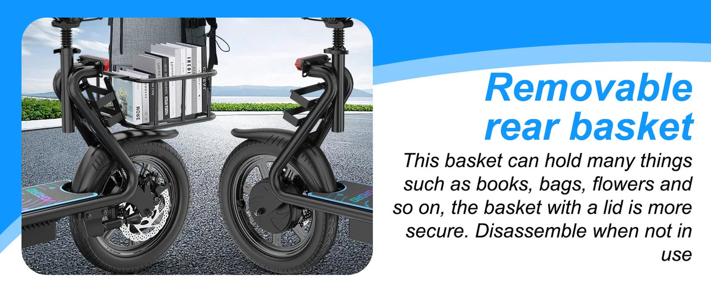 PORORO 14inch Electric Bicycle 10.5AH Battery 28Miles Max Range 22MPH Max Speed Shock Absorption Foldable E Scooter with Seat