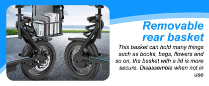 PORORO 14inch Electric Bicycle 10.5AH Battery 28Miles Max Range 22MPH Max Speed Shock Absorption Foldable E Scooter with Seat