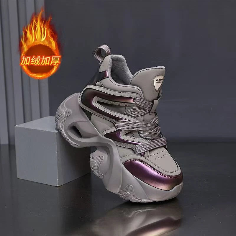 Chunky Platform Hidden Height Increasing Sneakers Casual Lace Up Shoes In White And Grey With Hollow Out Design For Streetwear