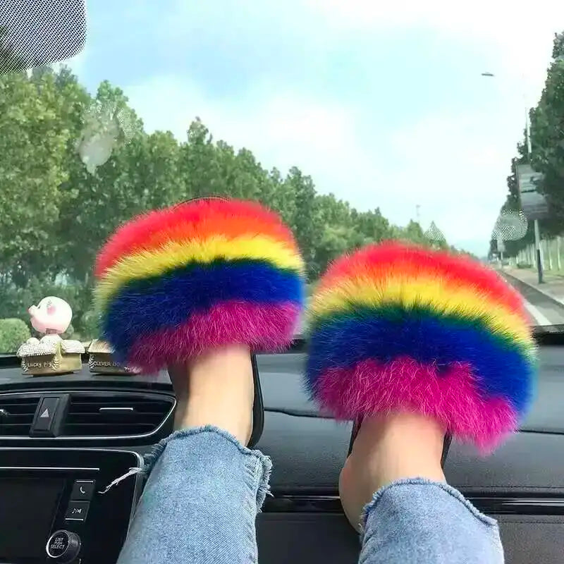 Fur Slippers Women Summer Fluffy Plush Casual Fluffy Flat Non-Slip Real Fox Fur Slides Outdoor Flat Ladies Sandals Flip Flops