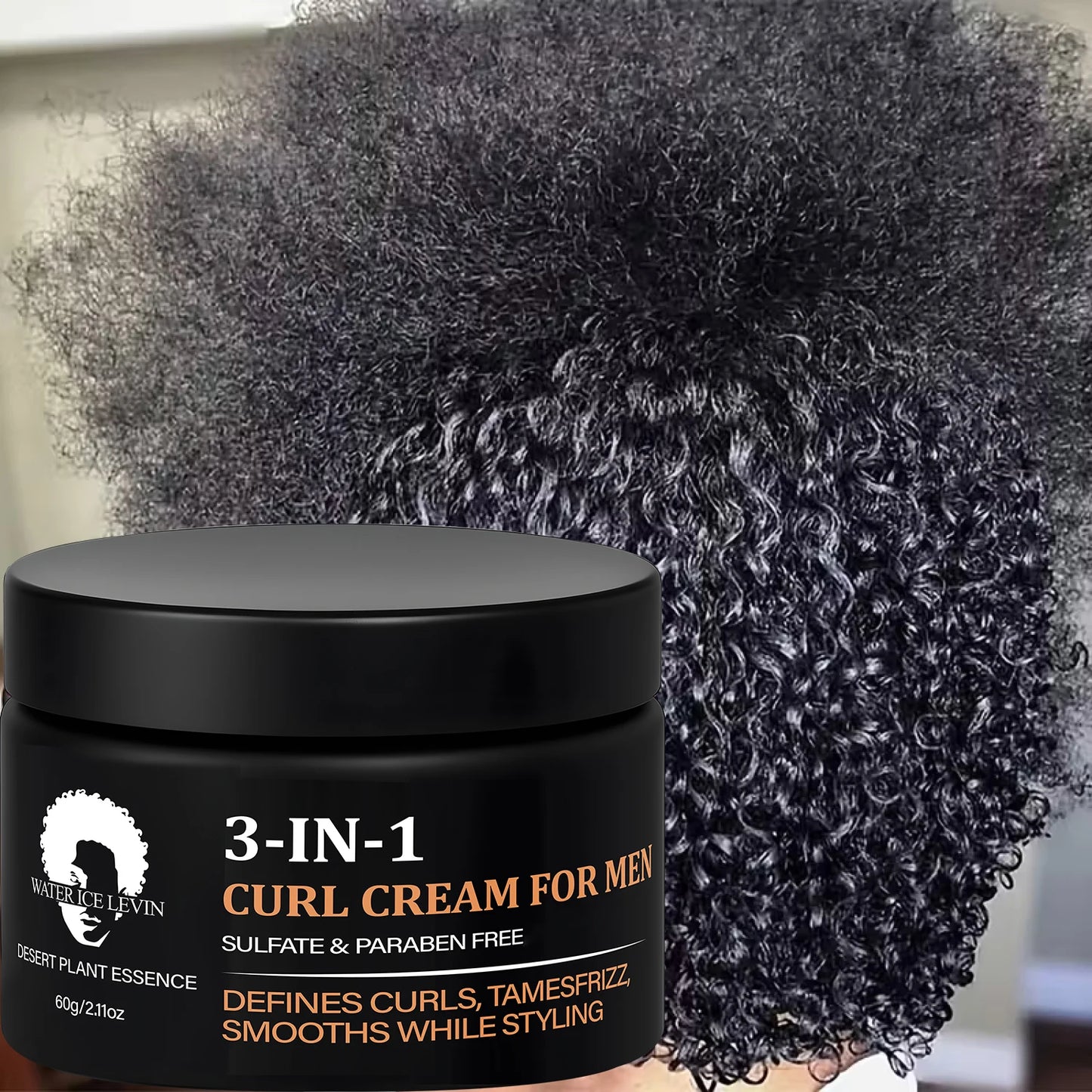 Men's 3-IN-1 Curl Cream with Coconut Oil & Collagen Defines Curls Tames Frizz Smoothes Styling Sulfate Free 60g