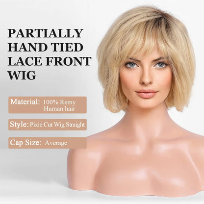 Hand-Tied Lace Front Wig Ombre Blonde Remy 100% Human Hair Wigs Natural Layered Bob HD Transparent Lace Frontal Hairs for Women