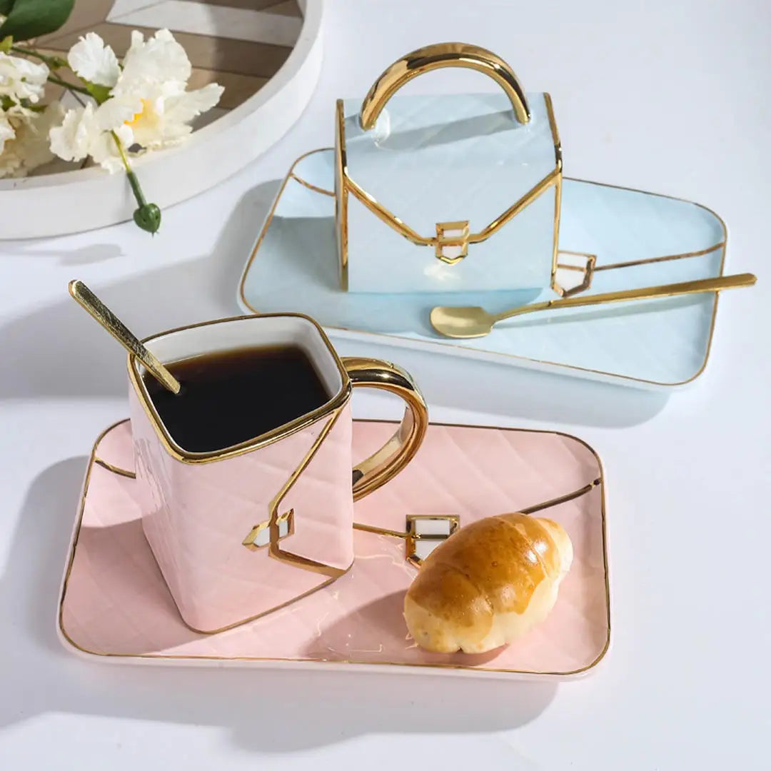 Handbag-Shaped Creative Mug With Saucer & Spoon Nordic Ceramic Milk Tea  Office Cups Drinkware  Coffee Cup Sets Gift