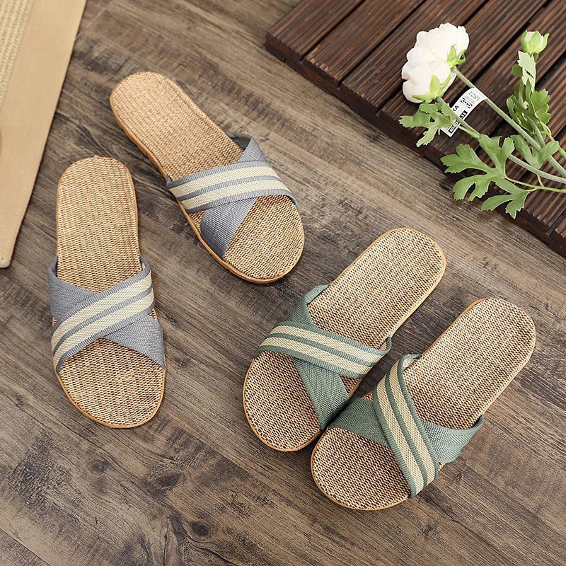Summer Women's Slippers Home Flats Hemp Luxury Designer Woman Shoes Casual Indoor Slides Couple 2026 Soft Lightweight Large Size