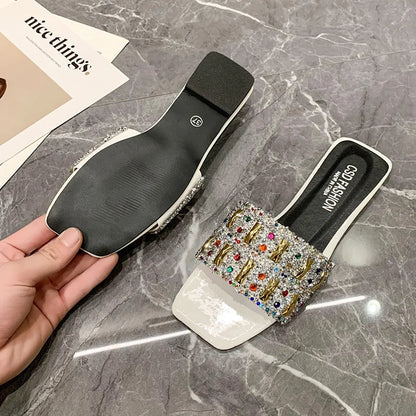 Slippers for Women Shiny Rhinestone Sandals Women Outdoor Beach Casual Shoes Sexy Fashion Big Size Flat Shoes Sandalias De Mujer