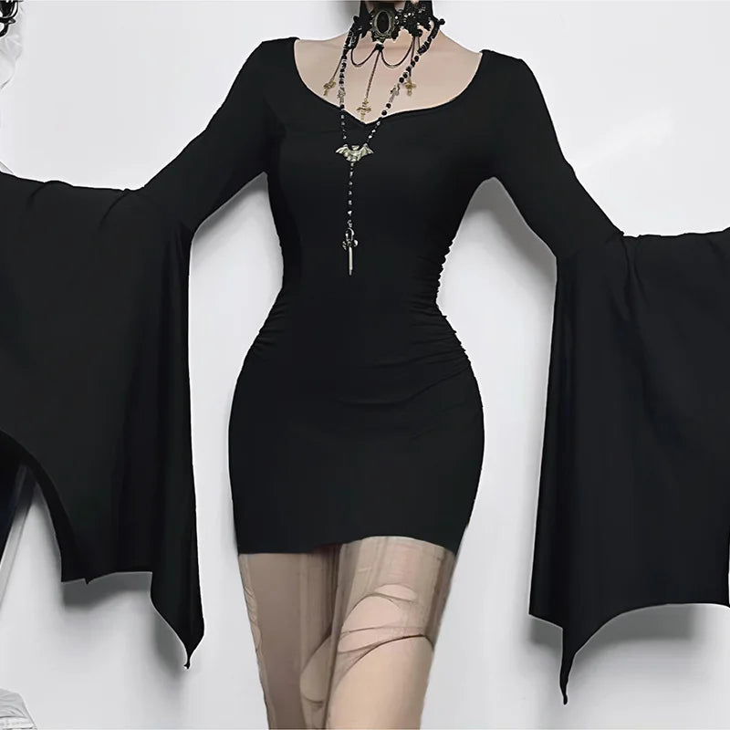 Goth Dark Cospaly Partywear Women Fashion Batwing Sleeve Mini Dress Elegant Slim Pleat Bodycon Dresses Mall Gothic Alt Teachwear