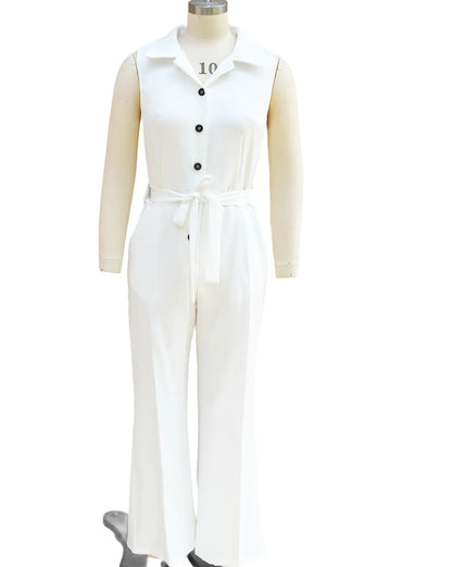 Sleeveless Lapel Jumpsuit Women's Fashion Button Down Shirt Collar Solid Color Wide Leg Commuting Office With Pocket Jumpsuit