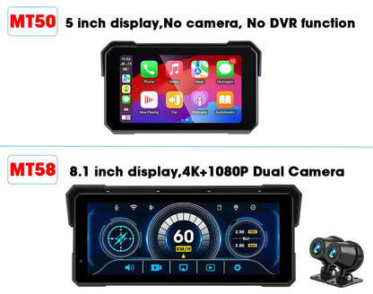 5/8.1 inch Motorcycle Carplay GPS Navigation Wireless Carplay Android Auto IPX7 Waterproof Support 4K+1080P Dual Lens DVR