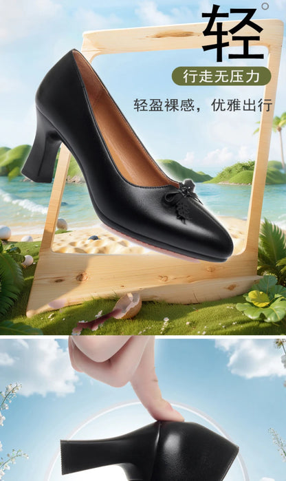 Womens Elegant Bow Decor Block Heel Pumps Smooth Faux Leather Upper Pointed Toe Design Comfort Cushioned Insole NonSlip Outsole