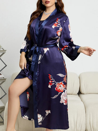 Plus Size Women's Satin Like Nightgown Fashion Long Maxi Sleep Dress100kg Floral Print Loose Fit Robe for Curvy Girls Loungewear