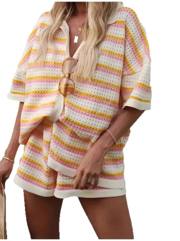 2026 Spring Summer Casual Beach Woolen Suit Fashionable Color-blocked Short-sleeved Striped Top And Loose Shorts Two-piece Set