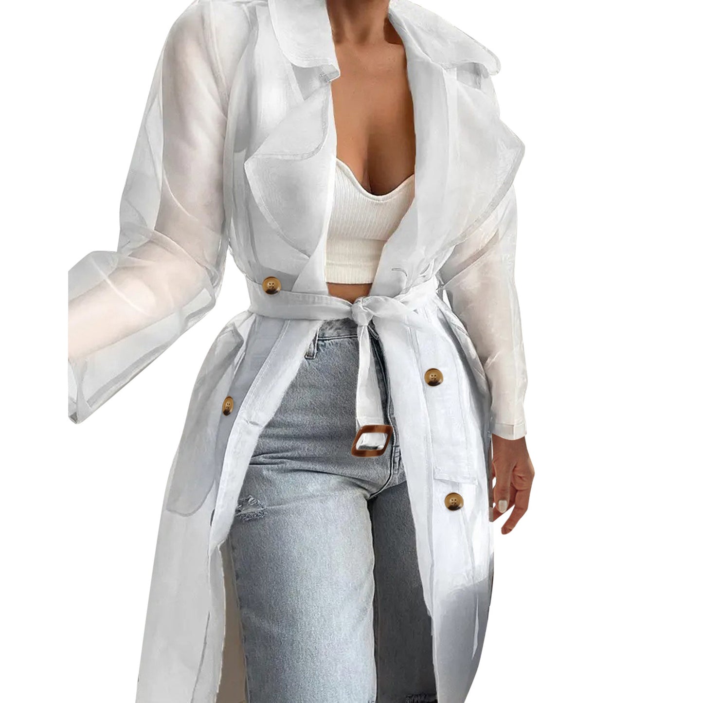 Women Organza See Though Sunscreen Long Sleeve Trench Summer Autumn Fashion Double Breasted Long Coat With Belted Tops Outwear