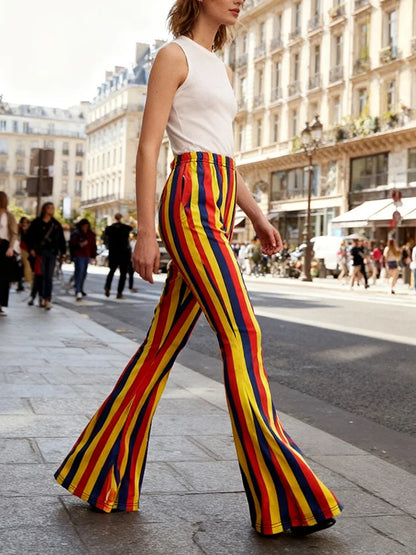 Funky 70s Retro Vertical Stripe Printed Flare Pants in Red Yellow Blue Rainbow High Waisted Wide Leg Groovy for Women Yoga Wear
