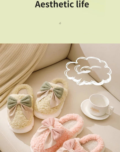 Thick Soled Non Slip Home Plush Slippers 2025 New Cotton Slippers for Women Bow Slippers for Autumn and Winter Warm for Women