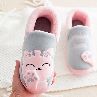 Women Winter Home Slippers Cartoon Cat Non-Slip Warm Indoors Bedroom Floor Shoes Zapatos Mujer 2024 Tendencia