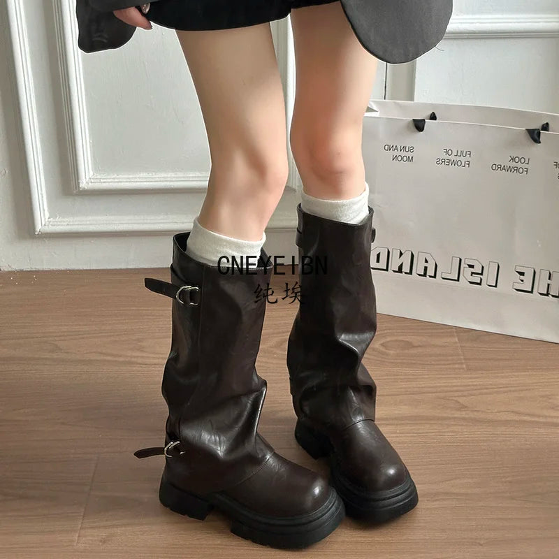 Women Double Buckle Slouch Knee High Boots Round Toe Platform Thick Sole Leather Tall Boots Street Casual Daily Ladies Boots