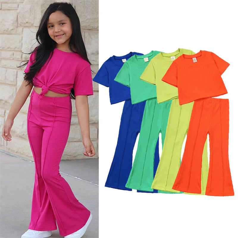 Summer Girls Bell Bottom Outfits 2Pcs Solid T-Shirt Tops + Flared Pants Suit Toddler Kids Fashion Tracksuit Children Clothes