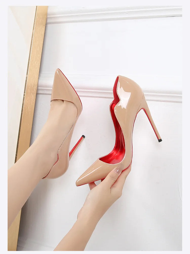 Black Curl Upper Women Patent PU Pointed Toe Stiletto 12cm High Heels Sexy Ladies Party Dress Shoes Club Dance Women Pumps