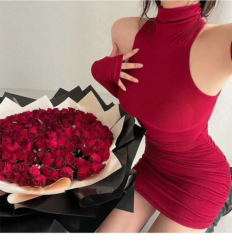 2025 New Women's Mini Dress Sleeveless Pleated Skinny Dress High Neck Lace Up Autumn Black Tight Elastic Party Tank Dresses