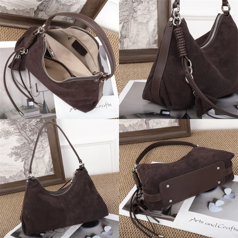 Hifashion Vintage Matte Suede Genuine Leather Underarm Shoulder Bags For Women 2025 Luxury Designer Hobo Tote Ladies Handbags