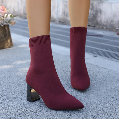 Women Fashion Ankle Boots Autumn Pointy Solid Color Stretch Knitted Sock Boots Women Chunky Slip on Plus-size Shoes for Women