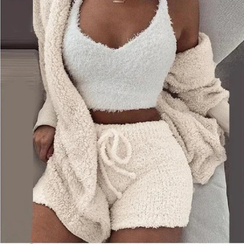 2026 New Women's Velvet Pajamas Set Sexy Crop Top+Shorts+Coat 3 Pieces Suit Sleepwear Casual Soft Clothes Homewear Pyjamas S-3XL