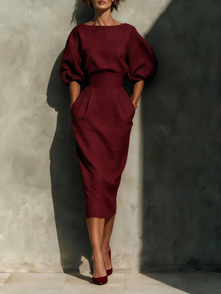 Elegant Fashion Solid Party A-lien Dress Casual O-neck Lantern Sleeve Pocket Dress Temperament High Waist Pleated Wrap Hip Dress