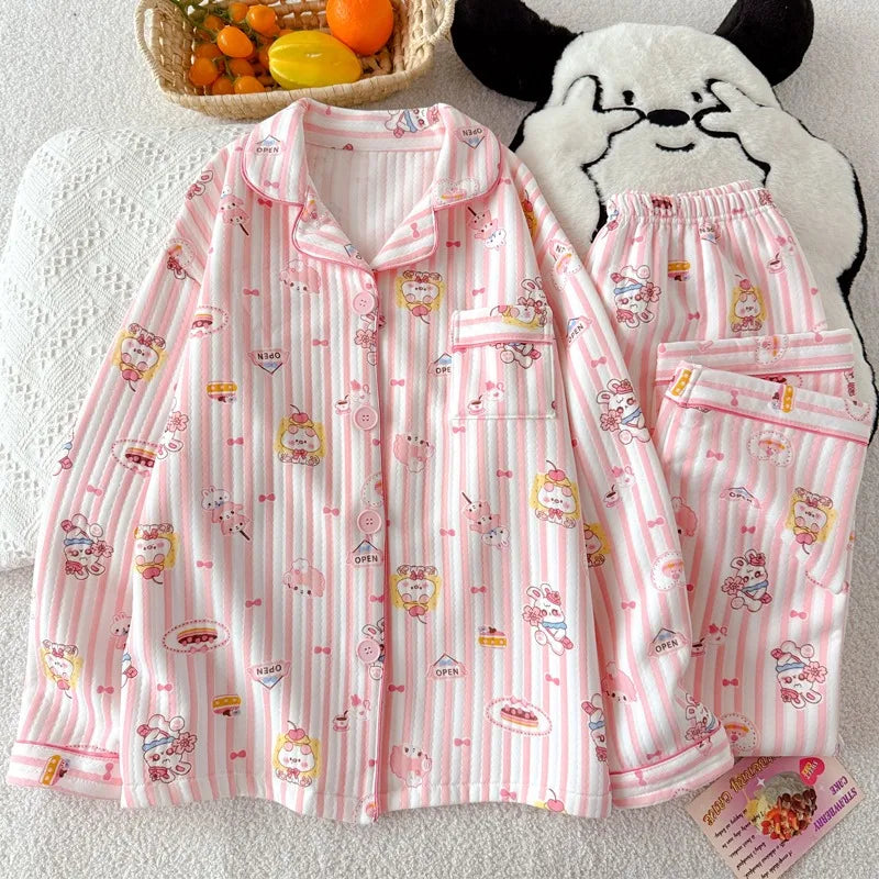 Striped Dog Print Korean Casual Loungewear for Women Sweet Cute Lapel Neck Women's Pajamas Set Autumn Winter New 2 PCS Sleepwear