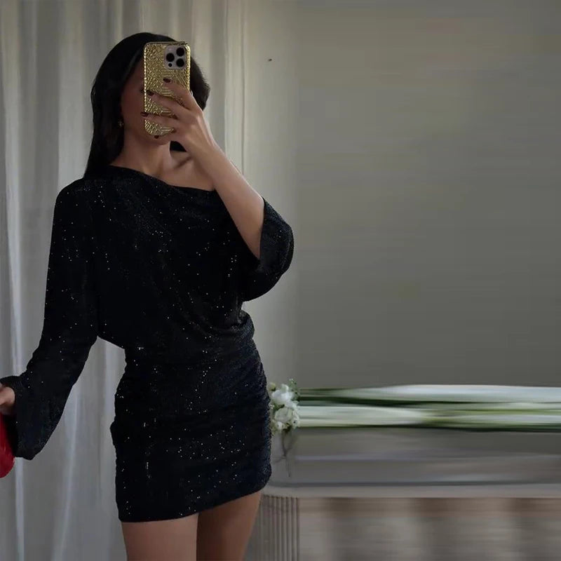 Chic Sequin V-neck Dress Women Sexy Sleeveless Pleated Waist-cinched Empire Dresses Elegant Party Spring New Lady Gown 2026
