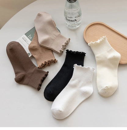 3 Pairs/Lot Cute Socks For Women New Japanese Style Breathable Girls Short Socks Kawaii Solid Socks Frilly Ruffle Socks Casual