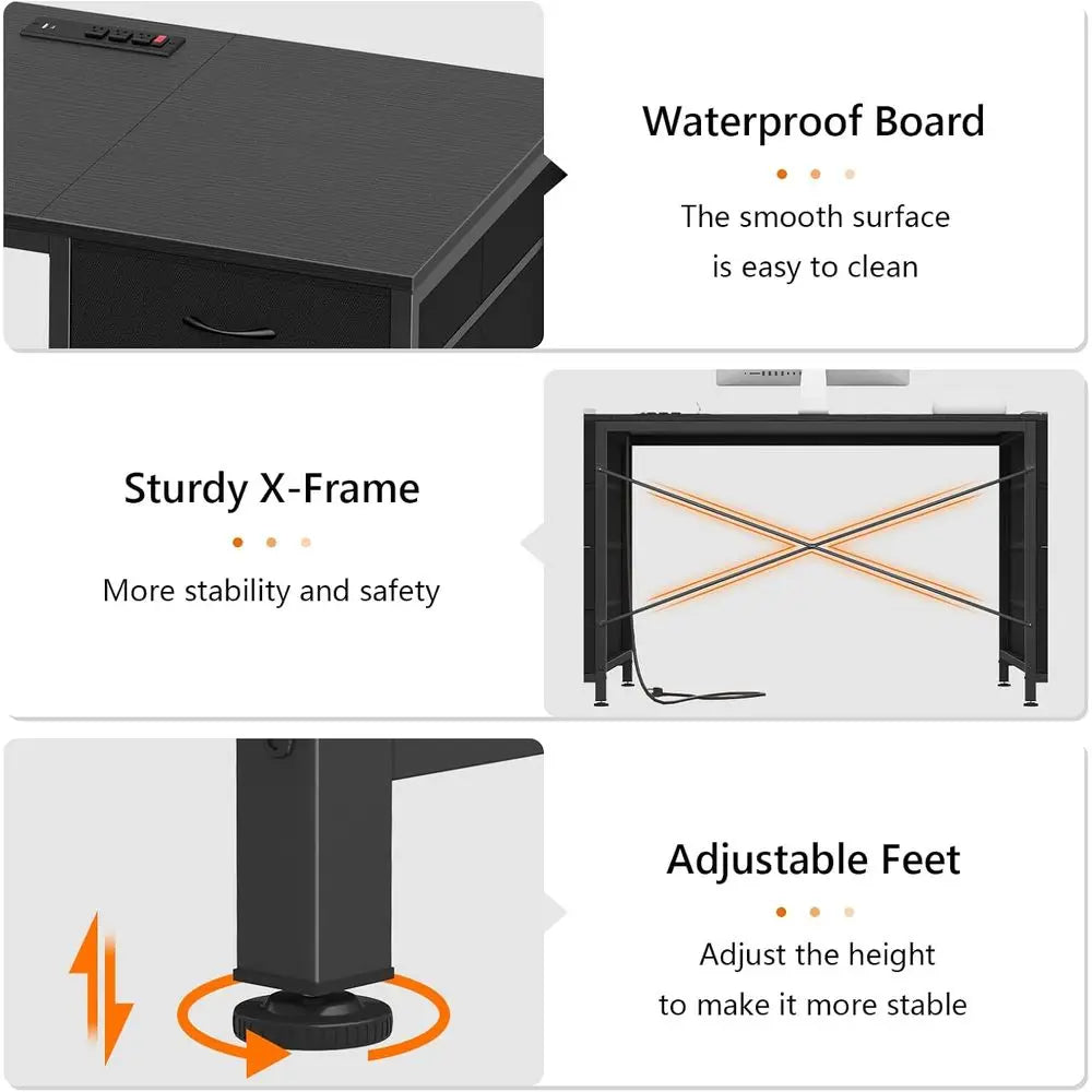 60 Inch Desk with 8 Drawers: Home Office, Study, Gaming Desk with Power Outlets, Black