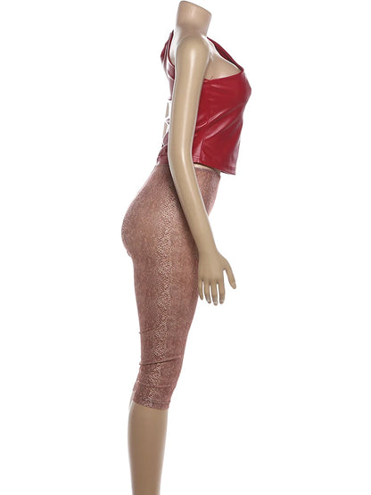 Sisterlinda Summer Hipster 2-Piece Set Women Slanted Shoulder Pu Tank Top+Calf Shorts Matching Stretch Skinny Clubwear Outfits