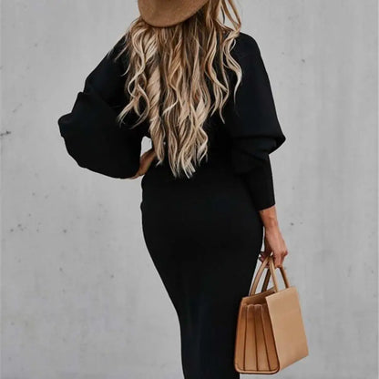 Women Autumn Dress Crew Neck Elegant Lantern Sleeve High Waist Women Bodycorn Dress Autumn Winter Office Ladies Midi Dress