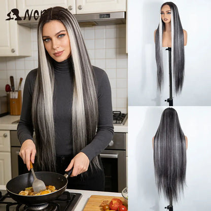 Noble 38 Inch Extra Long Straight Synthetic Lace Front Wig Skunk Stripe Grey White Ombre Glueless Heat Resistant Wig For Women