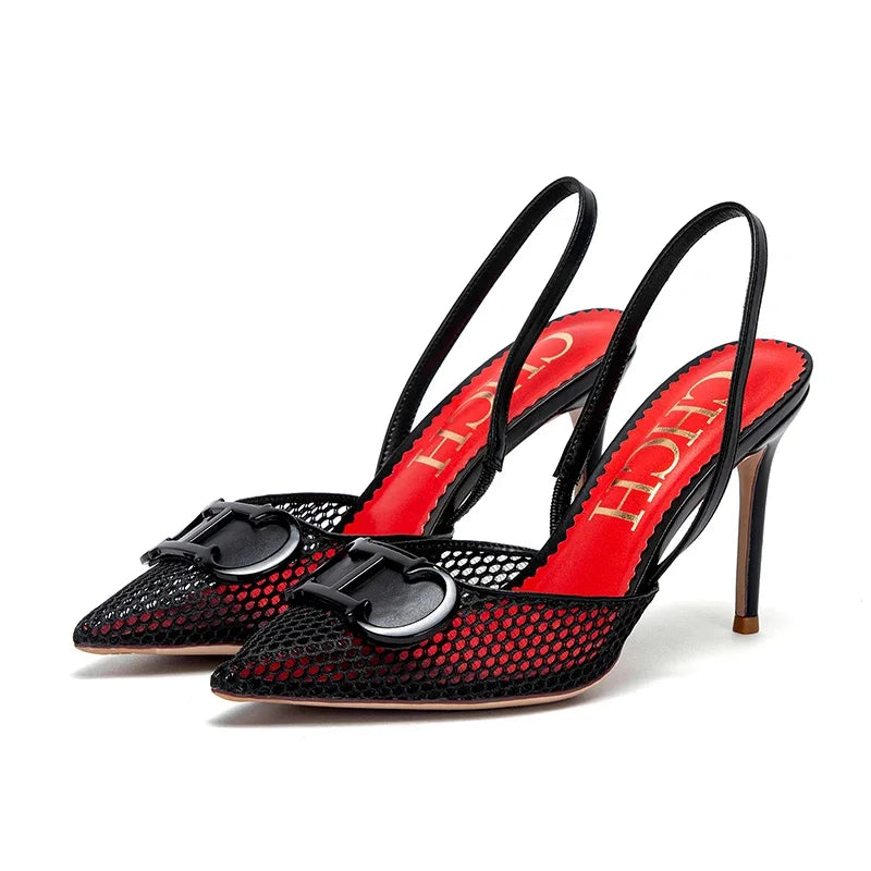 C-H Woman's High Heels  Summer Breathable Mesh Black Business Sandals 9cm For Girls