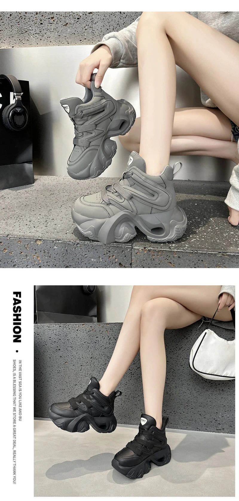 Chunky Platform Hidden Height Increasing Sneakers Casual Lace Up Shoes In White And Grey With Hollow Out Design For Streetwear